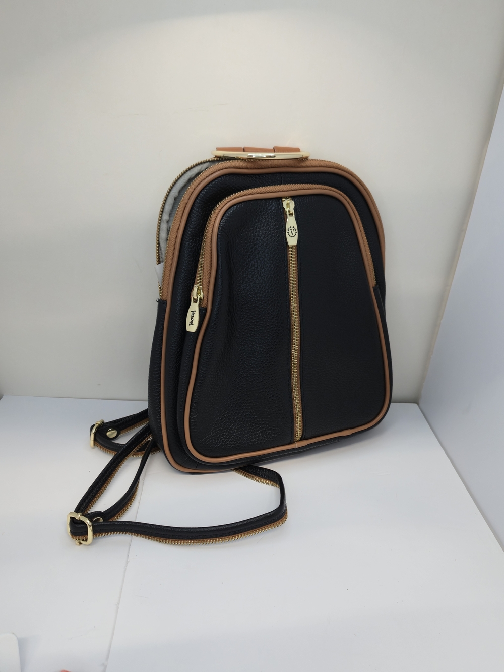 Valentina Black Leather Backpack with Tan Trim and Gold Hardware